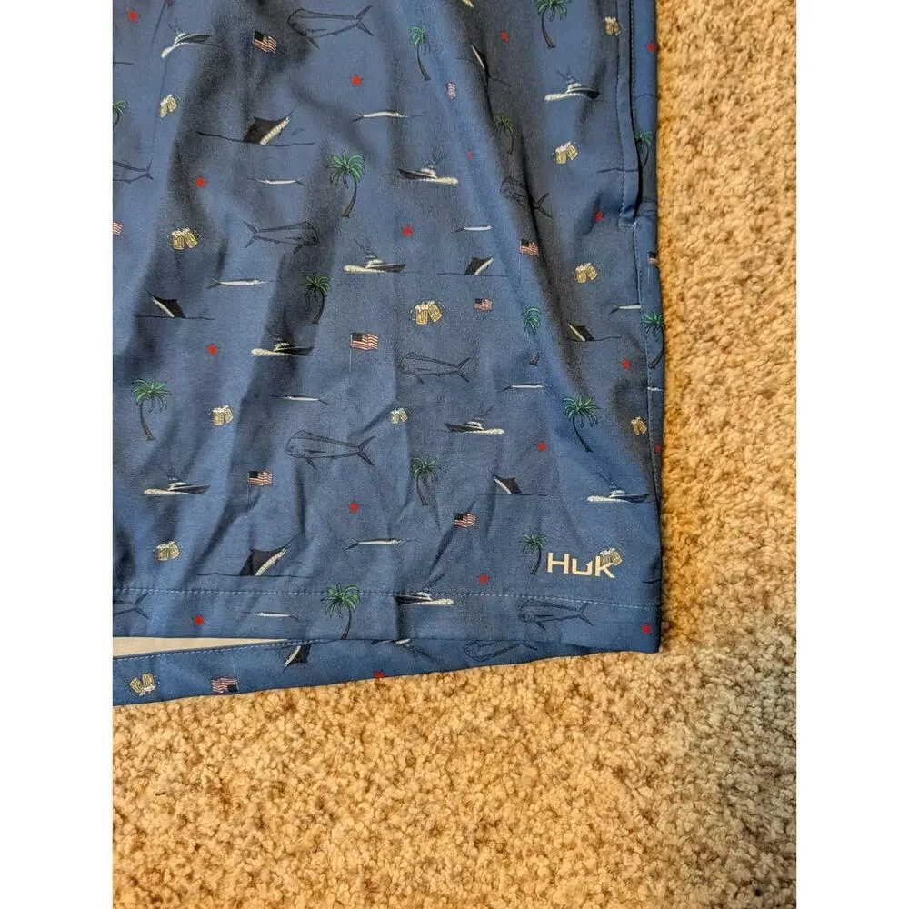 HUK Mens Charter Volley swim trunks/shorts, XXL; boat; Palm tree & Fish Pattern